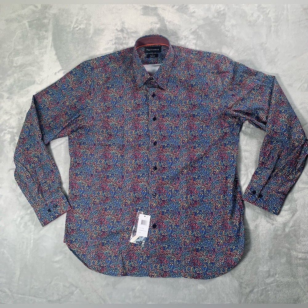 Paul Fredrick Blue and Red Patterned Shirt